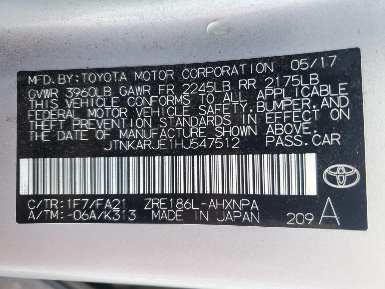 2017 Toyota Corolla Im VIN: JTNKARJE1HJ547512 Lot: 72914614