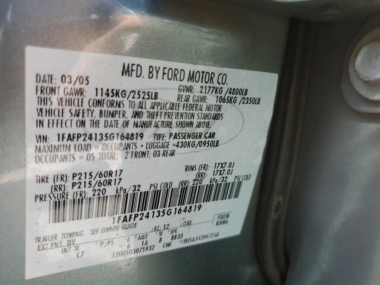 1FAFP24135G164819 2005 Ford Five Hundred Sel