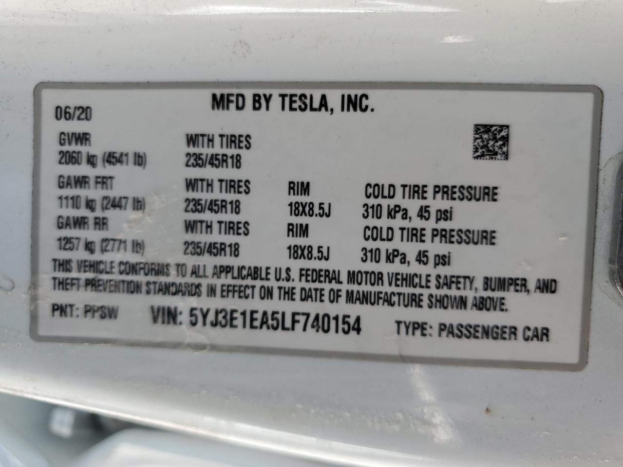 5YJ3E1EA5LF740154 2020 Tesla Model 3