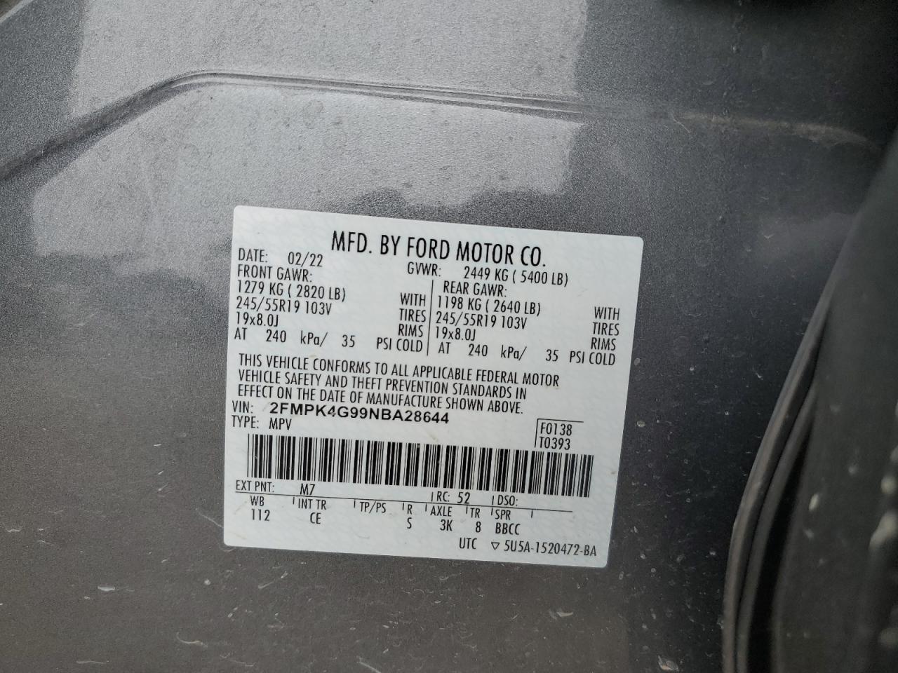 2FMPK4G99NBA28644 2022 Ford Edge Se