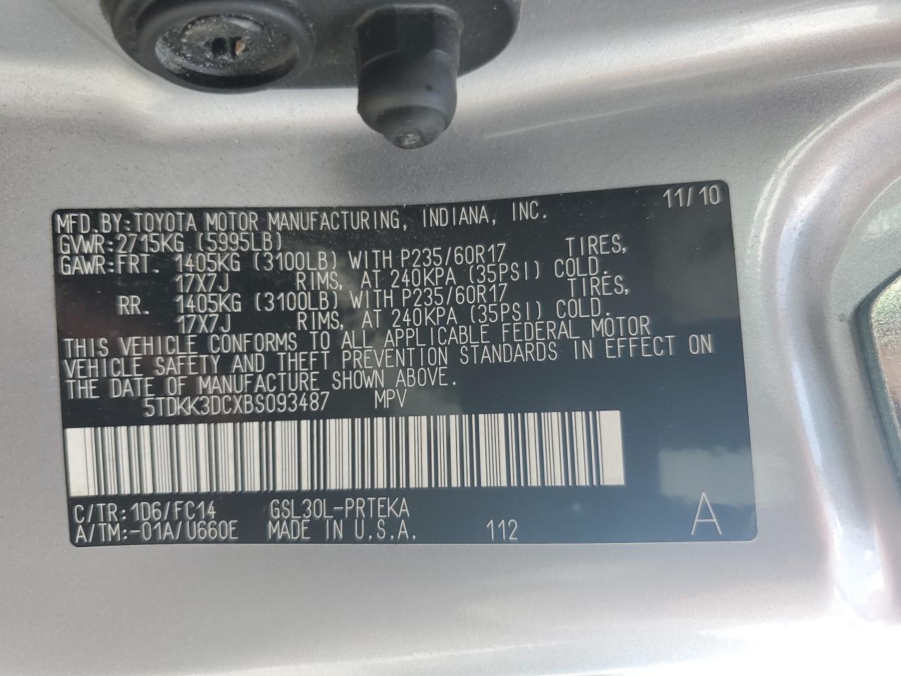 5TDKK3DCXBS093487 2011 Toyota Sienna Le