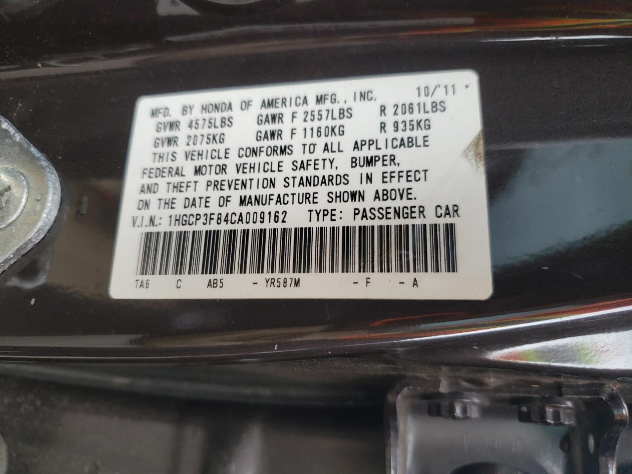 1HGCP3F84CA009162 2012 Honda Accord Exl