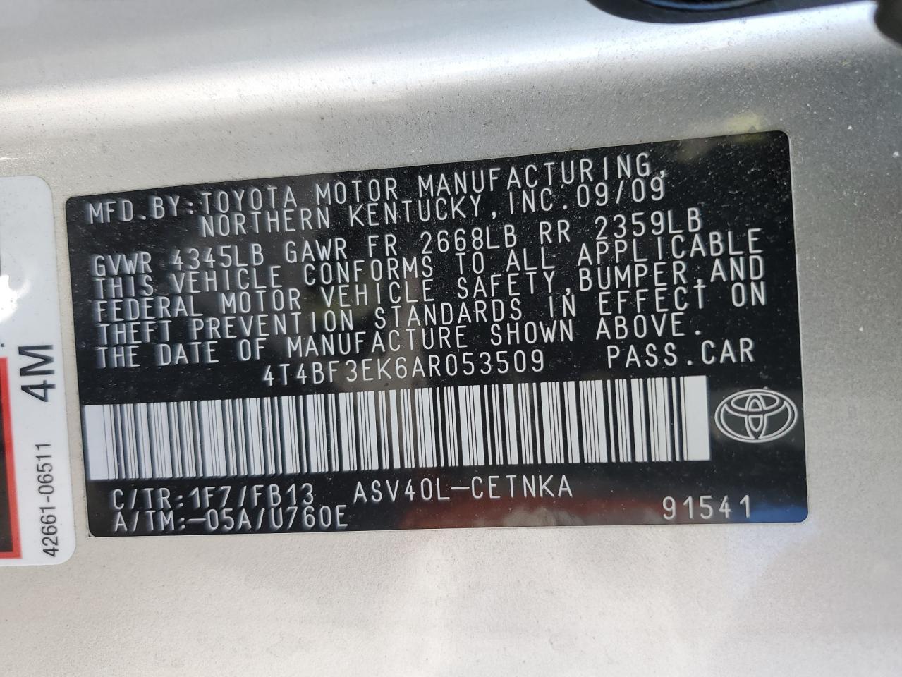 4T4BF3EK6AR053509 2010 Toyota Camry Base