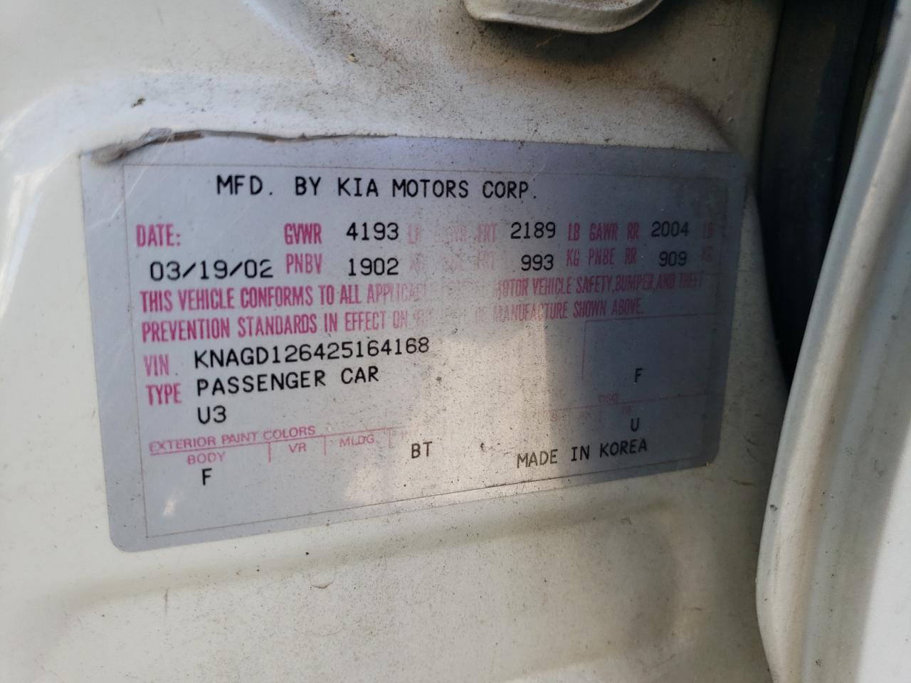 KNAGD126425164168 2002 Kia Optima Magentis