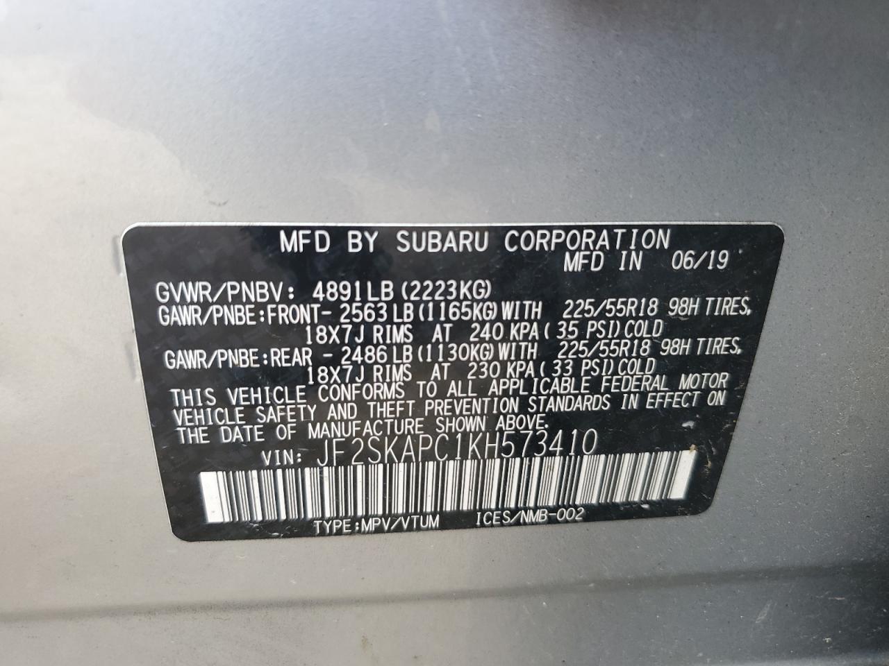 JF2SKAPC1KH573410 2019 Subaru Forester Sport