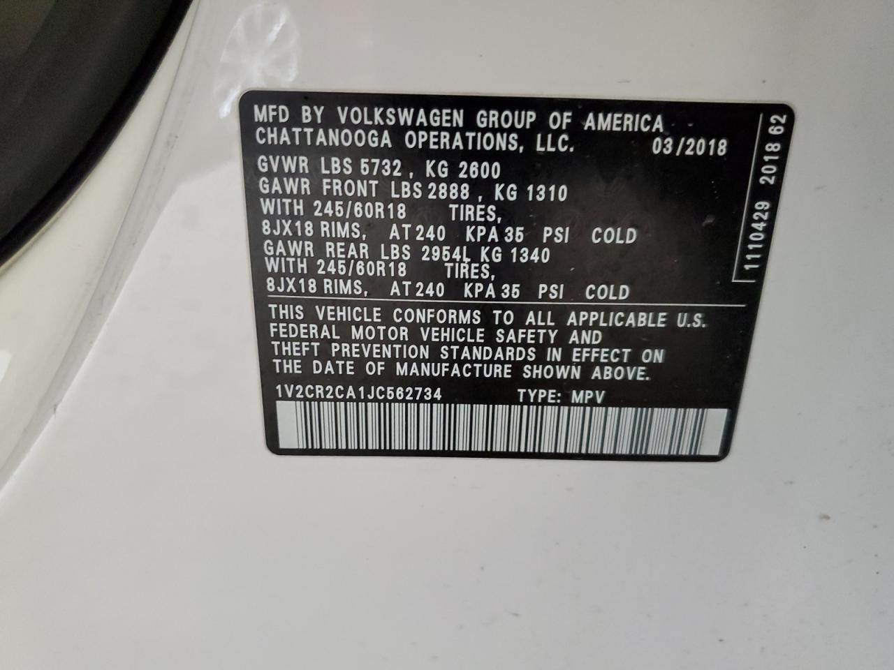 1V2CR2CA1JC562734 2018 Volkswagen Atlas Se