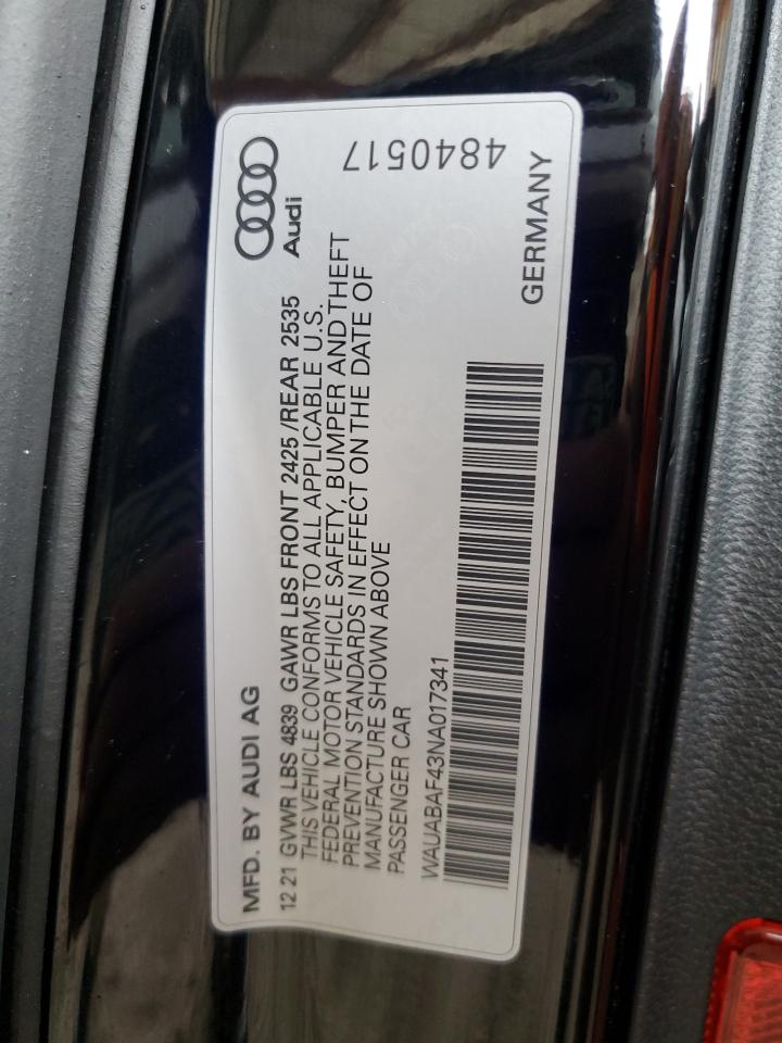 2022 Audi A4 Premium 40 VIN: WAUABAF43NA017341 Lot: 70820044