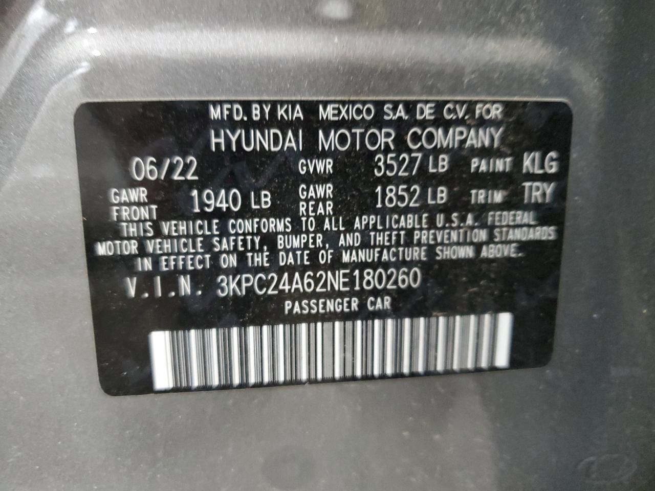 3KPC24A62NE180260 2022 Hyundai Accent Se