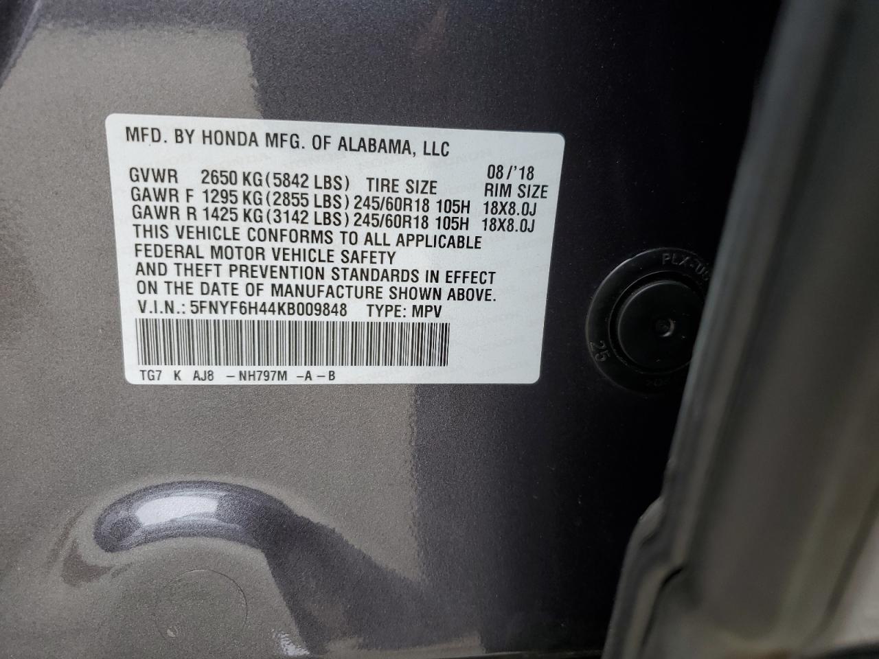 5FNYF6H44KB009848 2019 Honda Pilot Exl