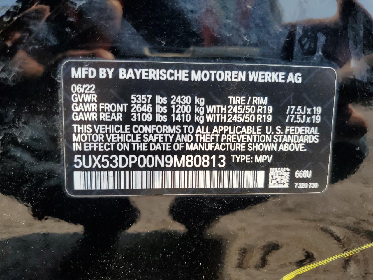 2022 BMW X3 xDrive30I VIN: 5UX53DP00N9M80813 Lot: 71259744