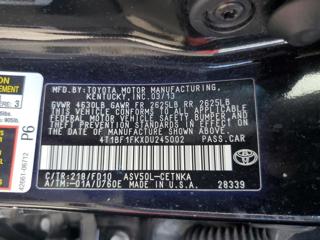 4T1BF1FKXDU245002 2013 Toyota Camry L