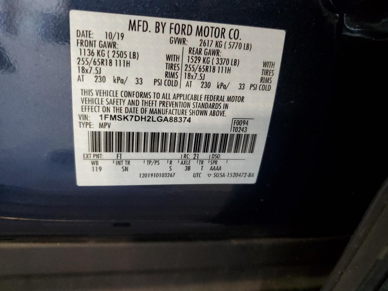 1FMSK7DH2LGA88374 2020 Ford Explorer Xlt 1FMSK7DH2LGA88374 2020 Ford Explorer Xlt