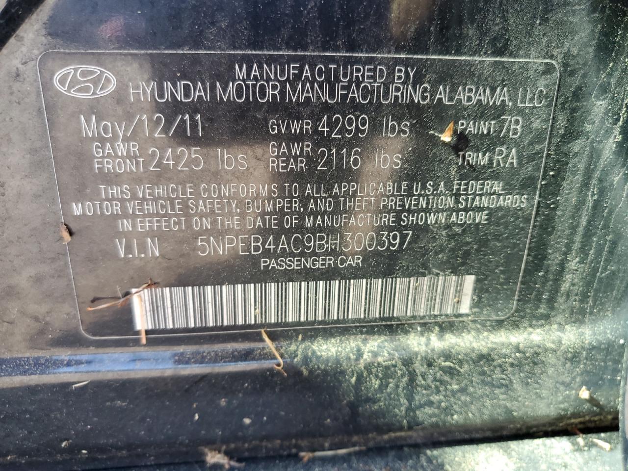 5NPEB4AC9BH300397 2011 Hyundai Sonata Gls