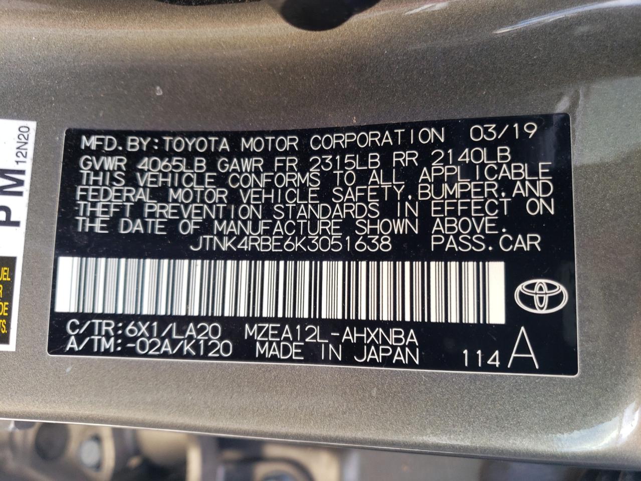 JTNK4RBE6K3051638 2019 Toyota Corolla Se