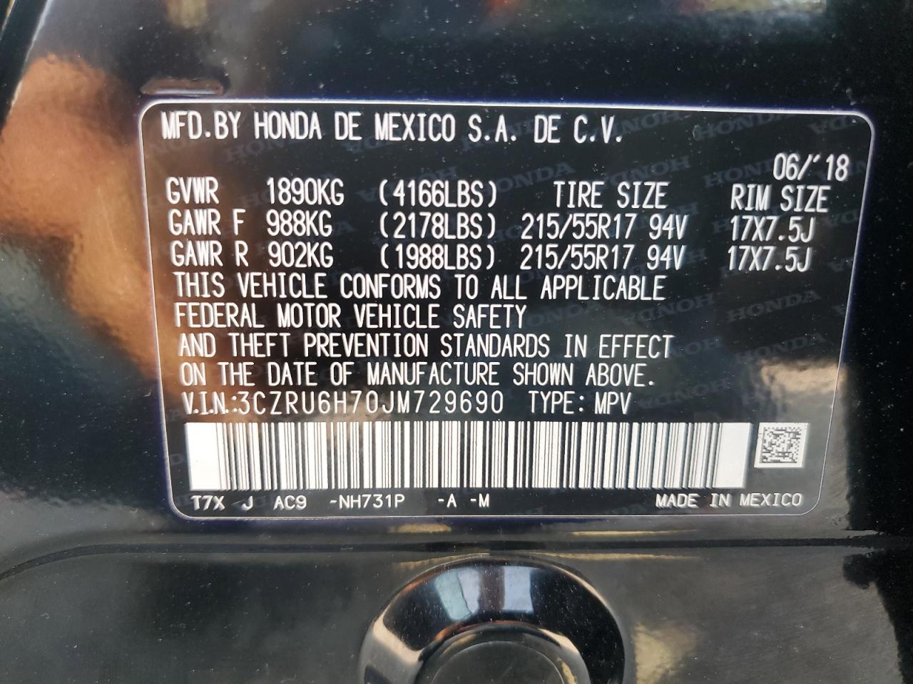 3CZRU6H70JM729690 2018 Honda Hr-V Exl