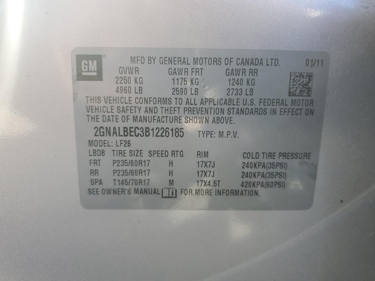 2GNALBEC3B1226185 2011 Chevrolet Equinox Ls