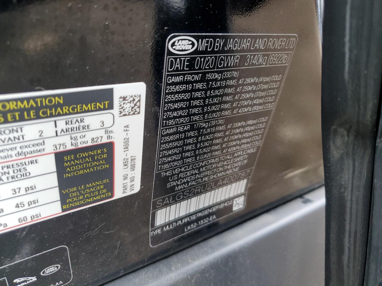 2020 Land Rover Range Rover Hse VIN: SALGS2RU2LA400787 Lot: 71893694