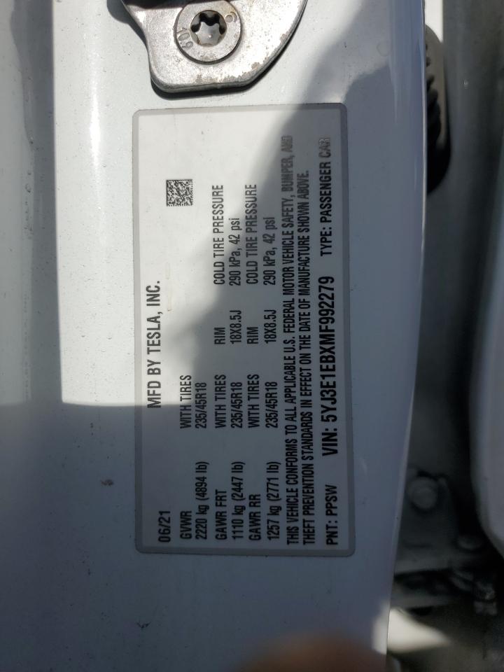 5YJ3E1EBXMF992279 2021 Tesla Model 3