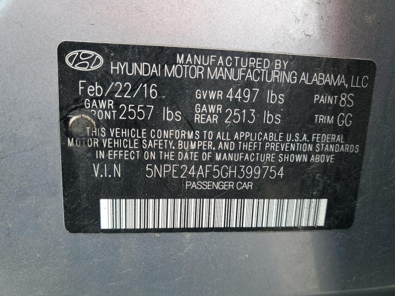 5NPE24AF5GH399754 2016 Hyundai Sonata Se