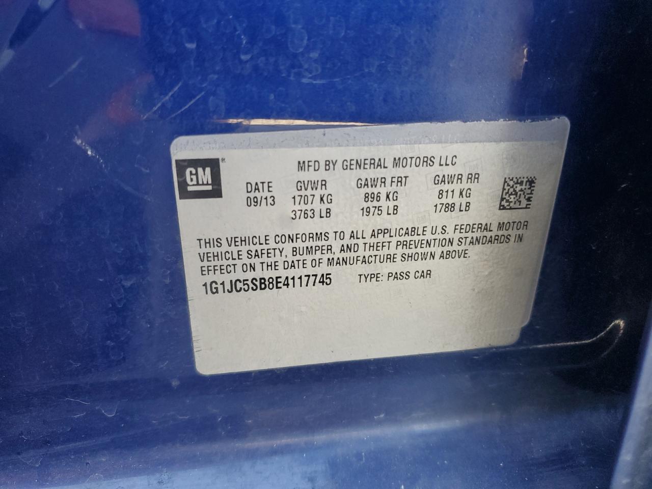 2014 Chevrolet Sonic Lt VIN: 1G1JC5SB8E4117745 Lot: 70775174