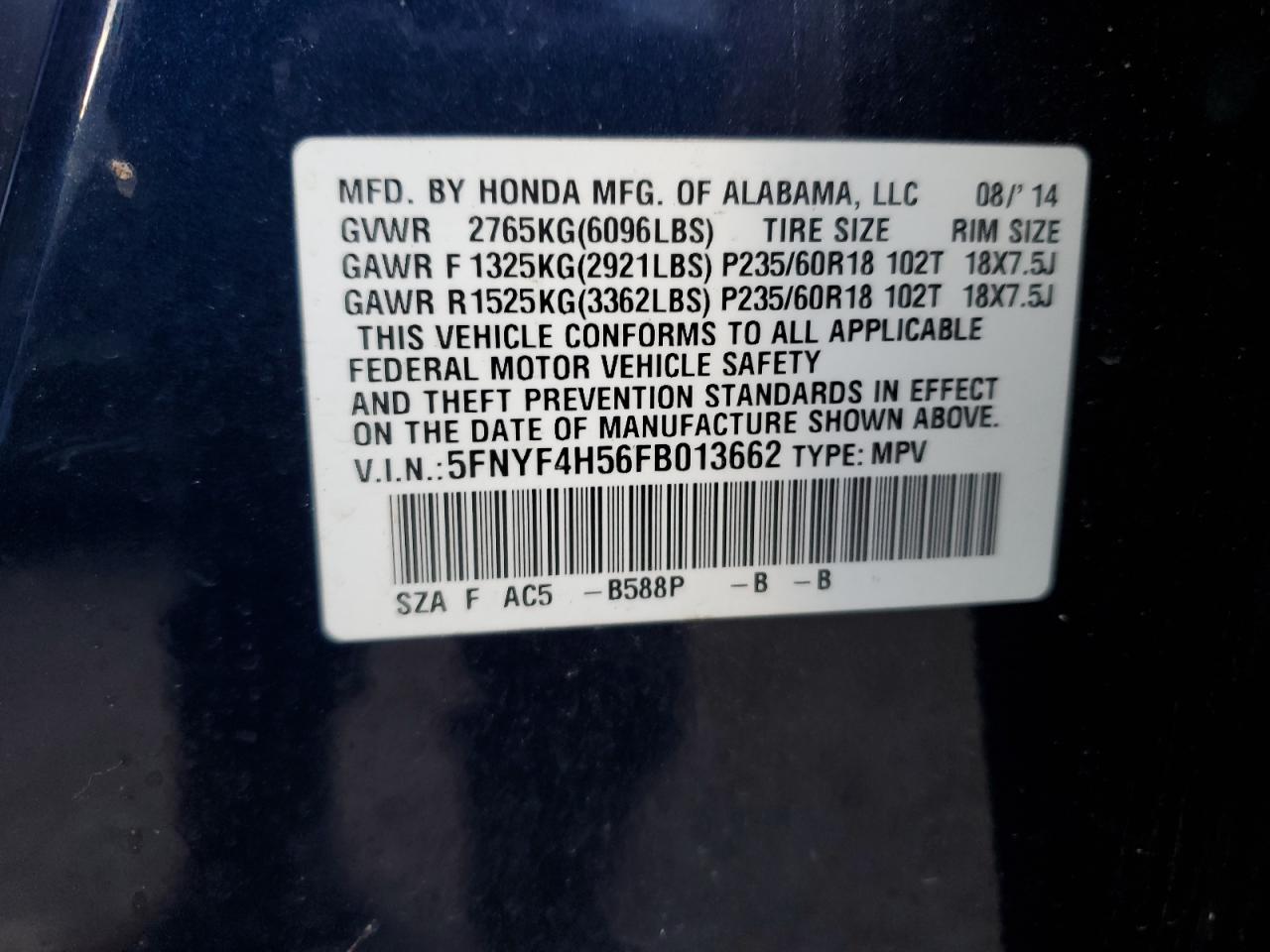 5FNYF4H56FB013662 2015 Honda Pilot Exl