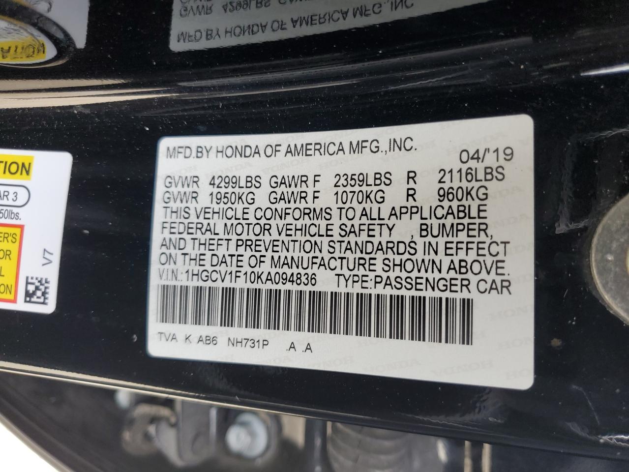 1HGCV1F10KA094836 2019 HONDA ACCORD - Image 14