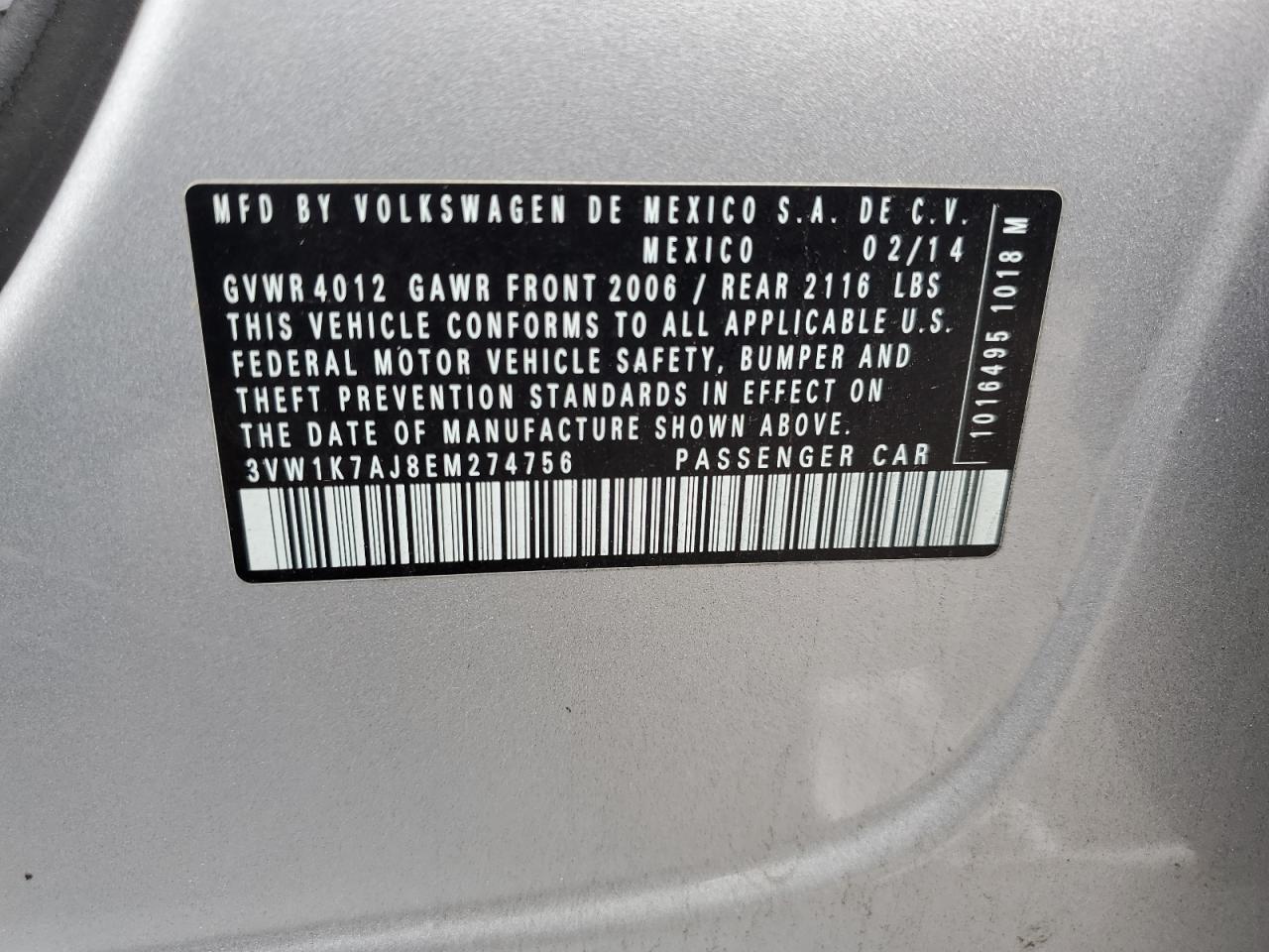 2014 Volkswagen Jetta Base VIN: 3VW1K7AJ8EM274756 Lot: 73351274