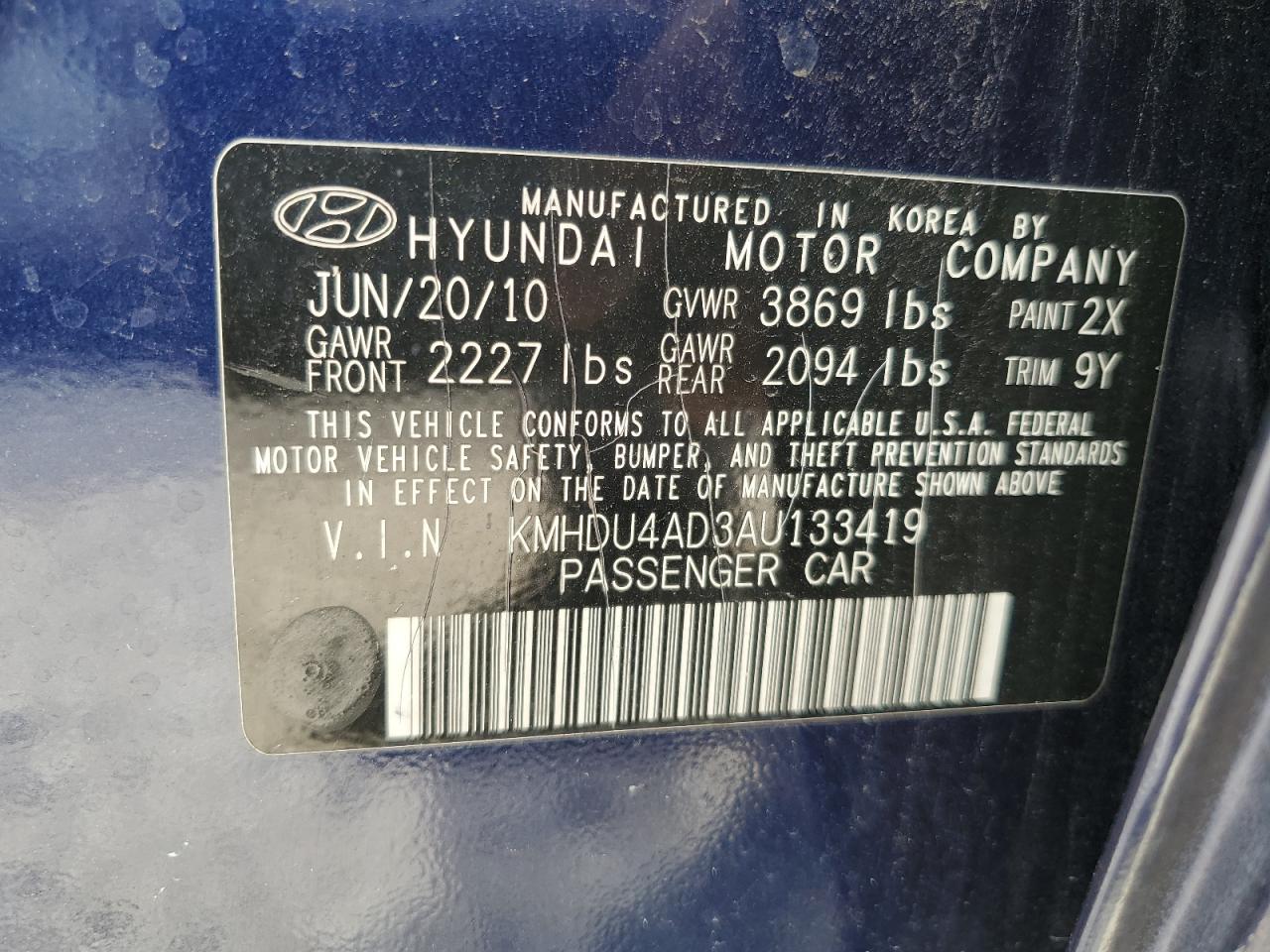 2010 Hyundai Elantra Blue VIN: KMHDU4AD3AU133419 Lot: 73212124