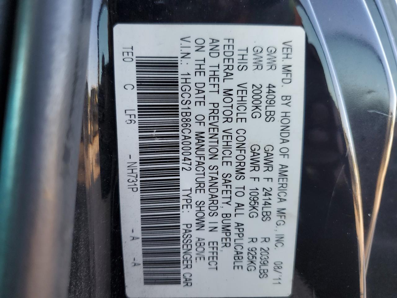 1HGCS1B86CA000472 2012 Honda Accord Exl