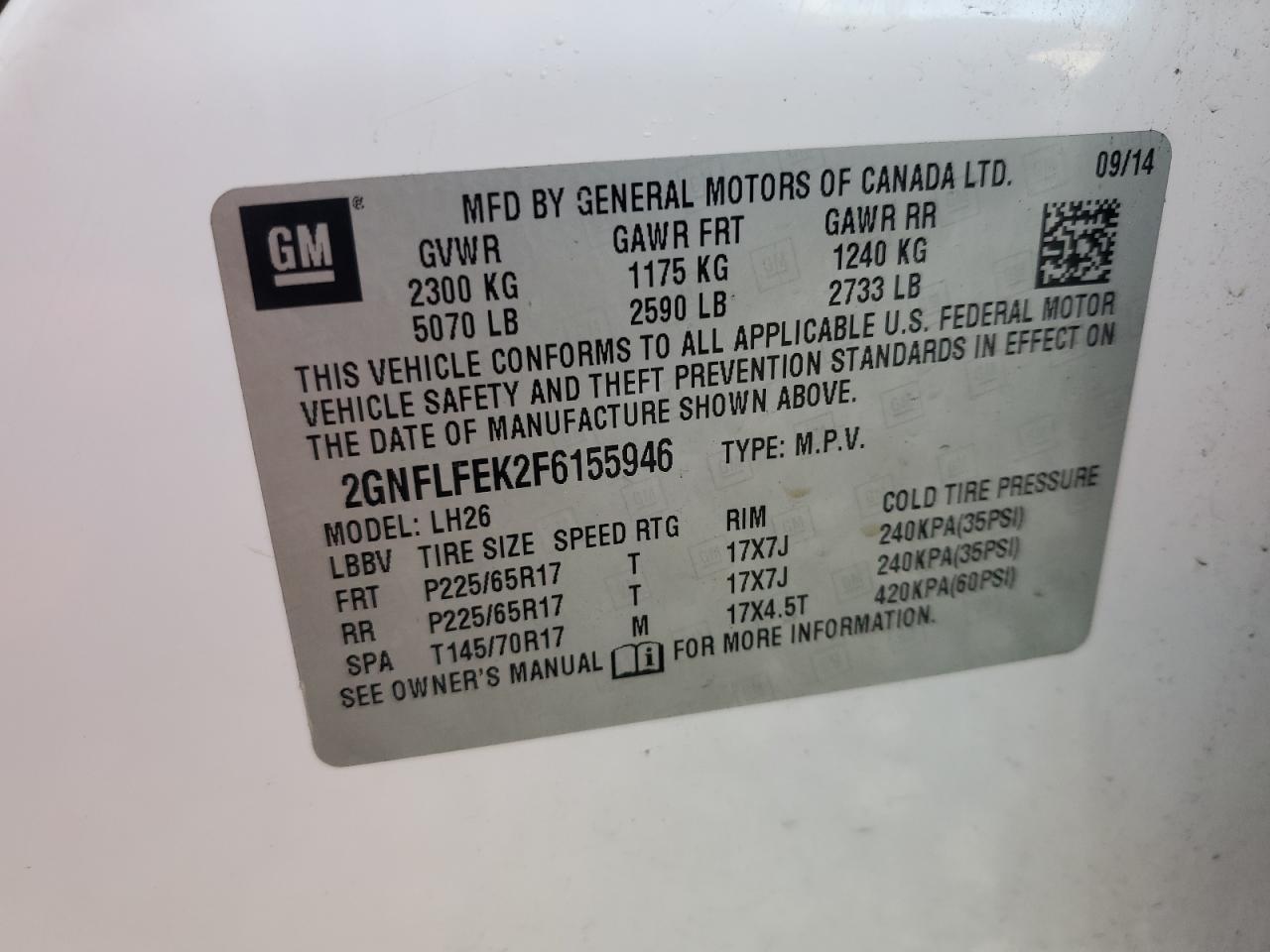 2GNFLFEK2F6155946 2015 Chevrolet Equinox Lt