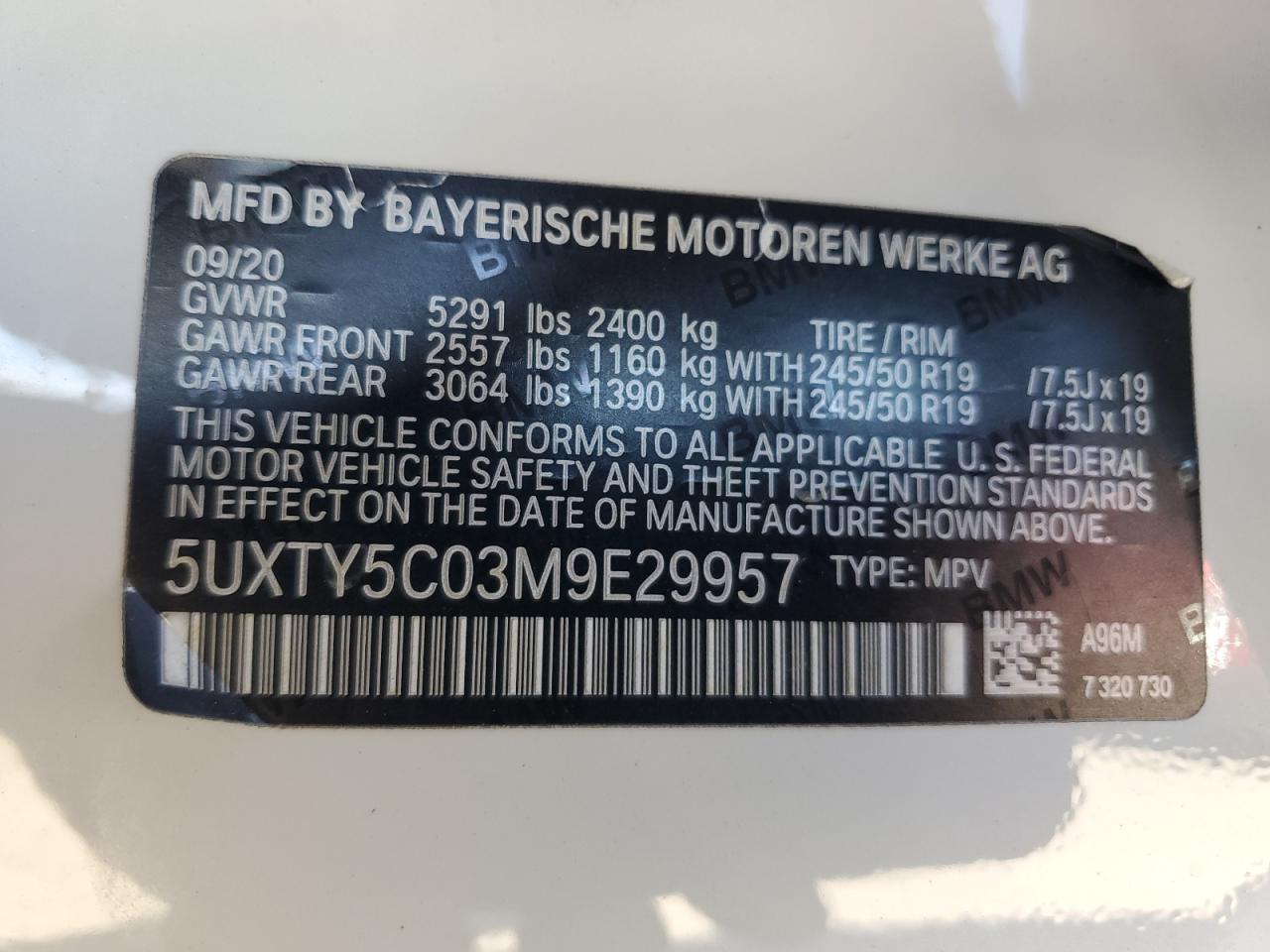 5UXTY5C03M9E29957 2021 BMW X3 xDrive30I