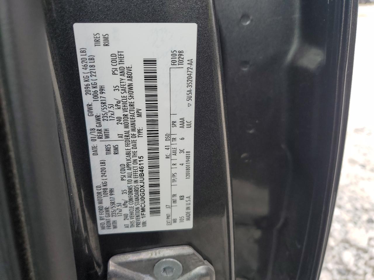 2018 Ford Escape Se VIN: 1FMCU0GDXJUB46115 Lot: 69778974