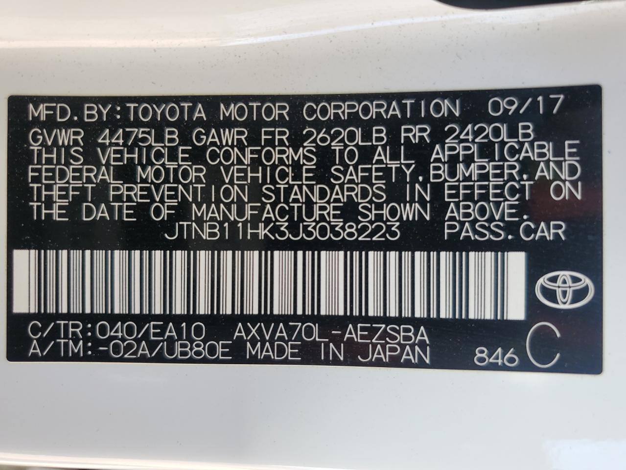 JTNB11HK3J3038223 2018 Toyota Camry L