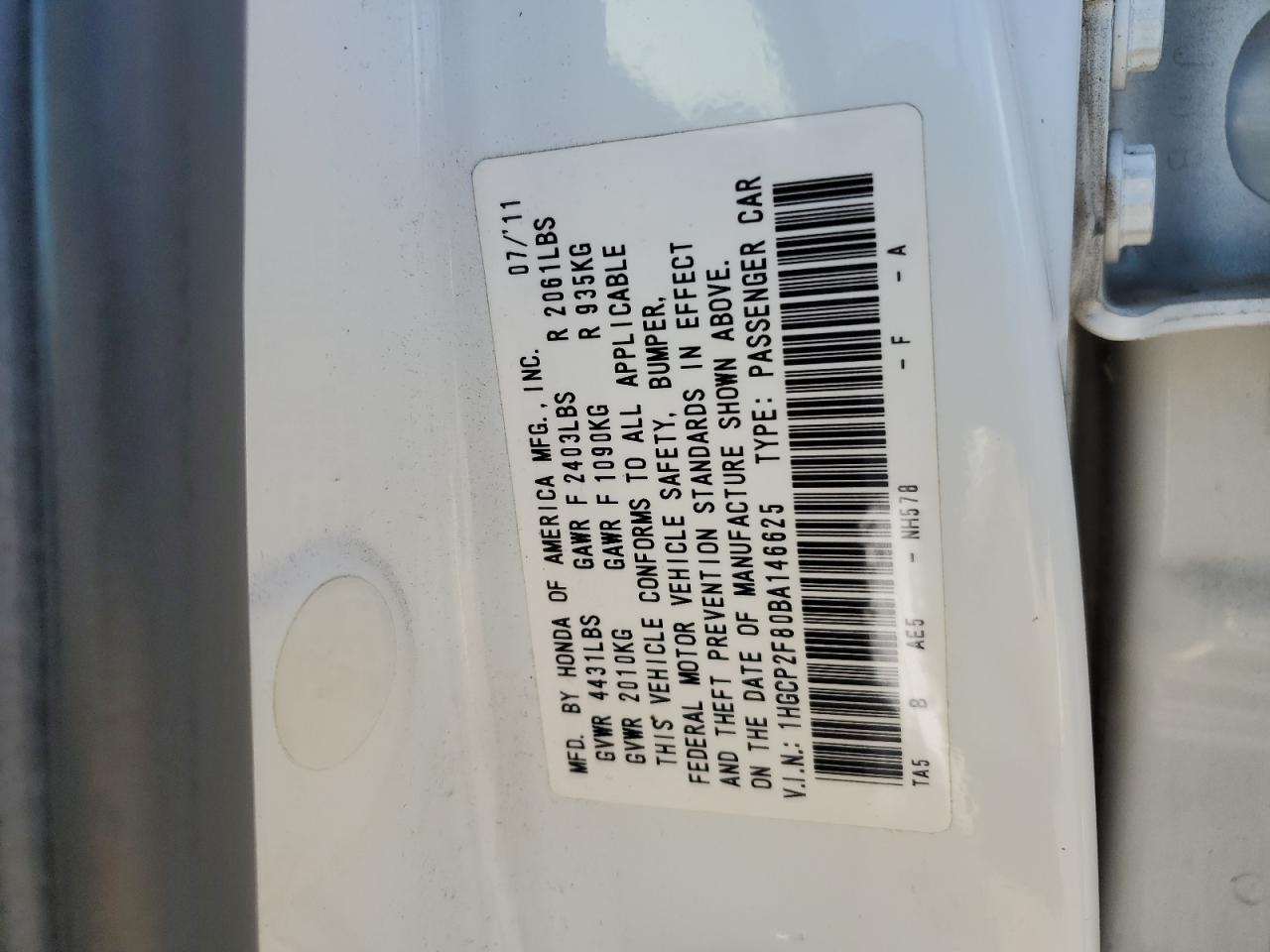 1HGCP2F80BA146625 2011 Honda Accord Exl