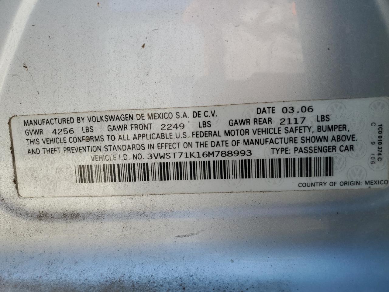 2006 Volkswagen Jetta Tdi Option Package 1 VIN: 3VWST71K16M788993 Lot: 71485754