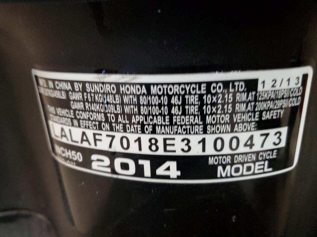 2014 Honda Nch50 VIN: LALAF7018E3100473 Lot: 72253434