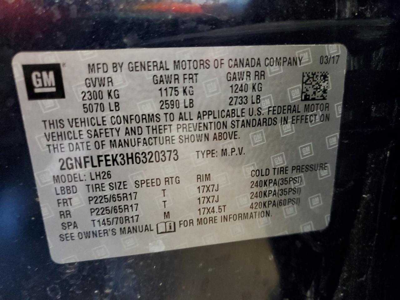 2GNFLFEK3H6320373 2017 Chevrolet Equinox Lt