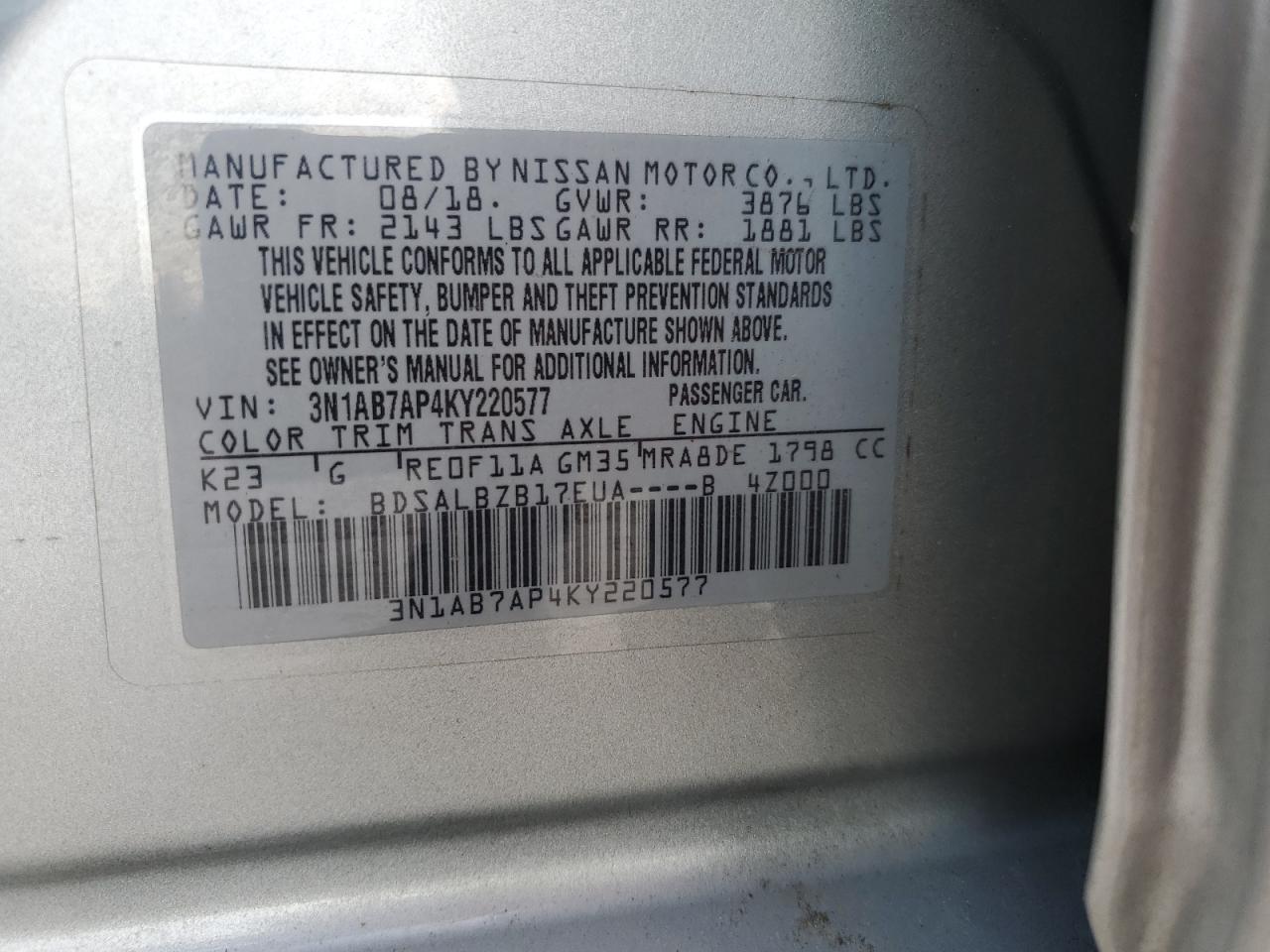 3N1AB7AP4KY220577 2019 Nissan Sentra S