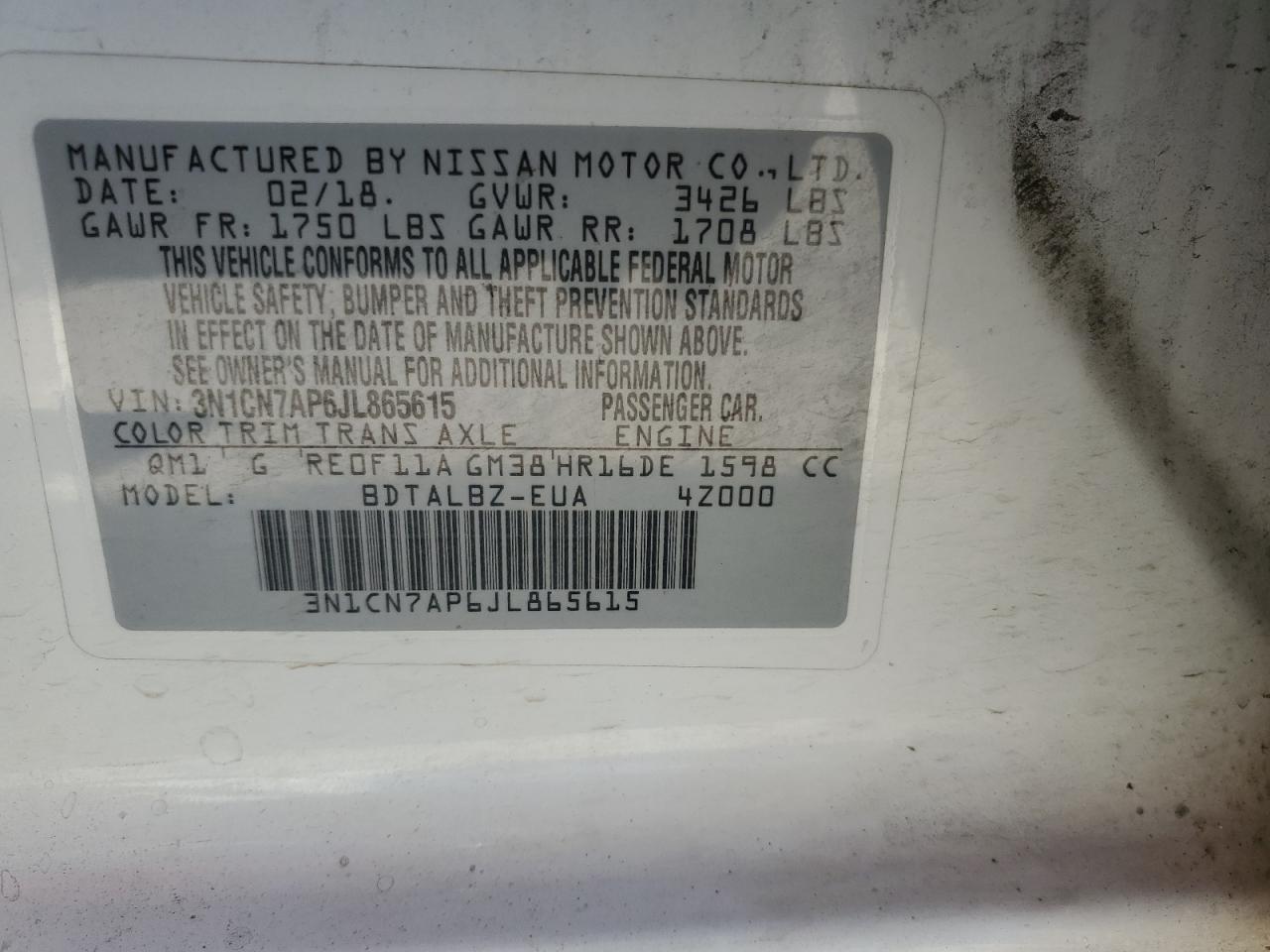 3N1CN7AP6JL865615 2018 Nissan Versa S