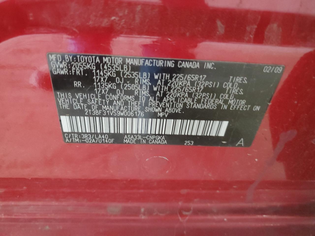 2T3BF31V59W006176 2009 Toyota Rav4 Limited