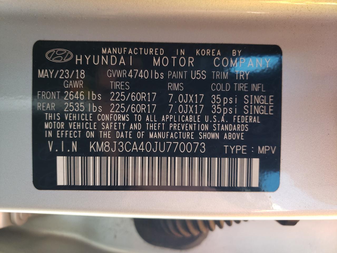 KM8J3CA40JU770073 2018 Hyundai Tucson Sel