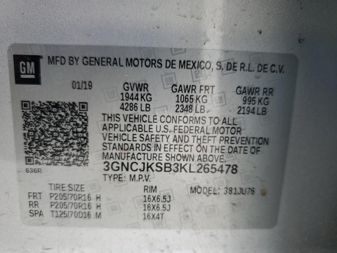 3GNCJKSB3KL265478 2019 Chevrolet Trax Ls