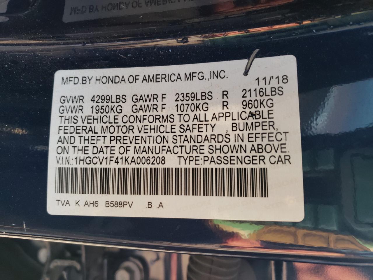 1HGCV1F41KA006208 2019 Honda Accord Ex