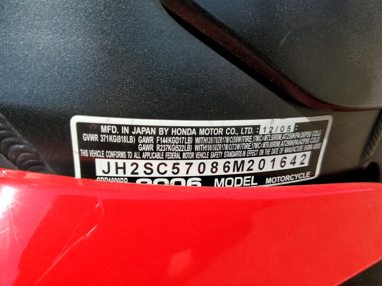 JH2SC57086M201642 2006 Honda Cbr1000 Rr