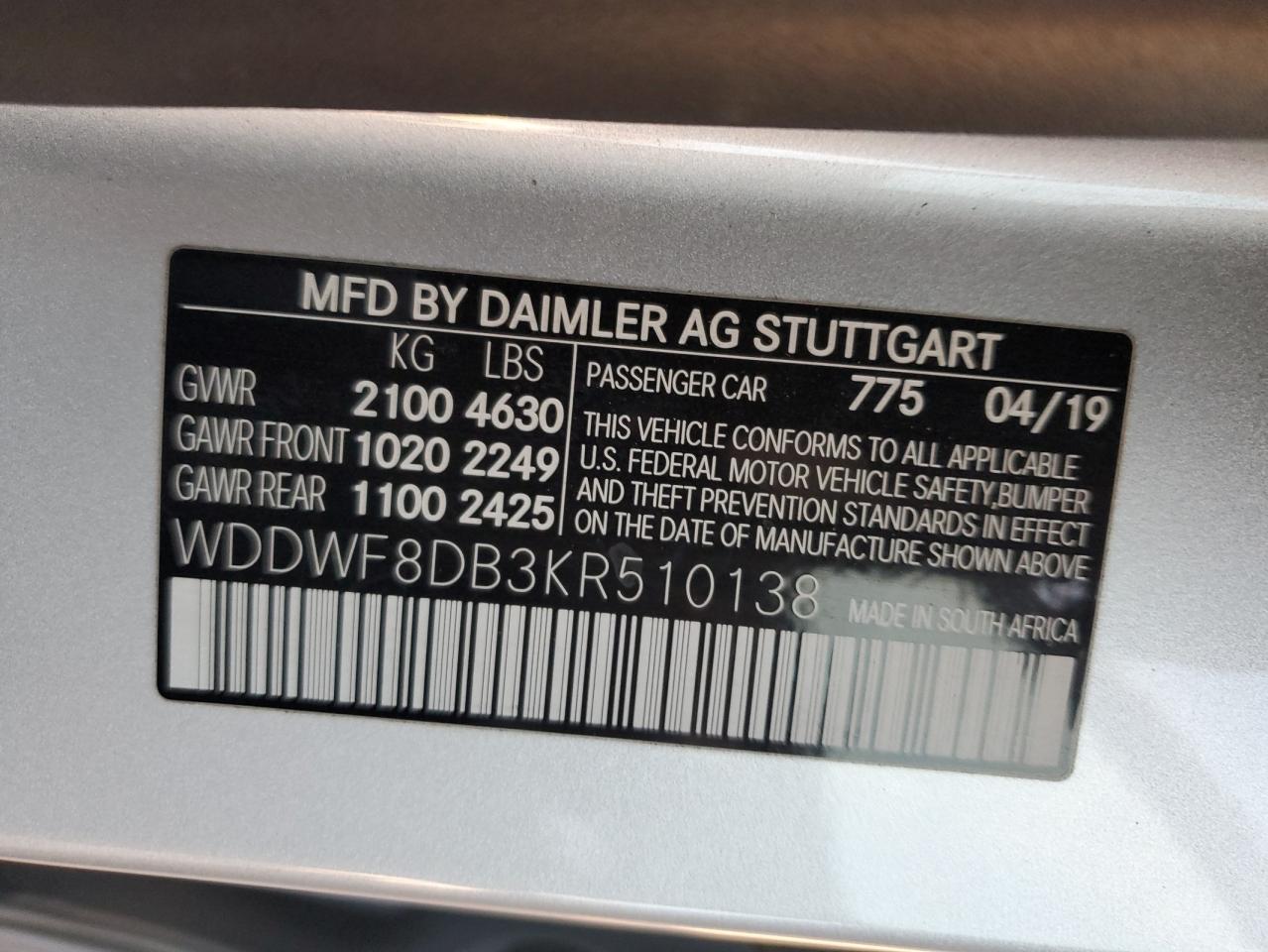 WDDWF8DB3KR510138 2019 Mercedes-Benz C 300