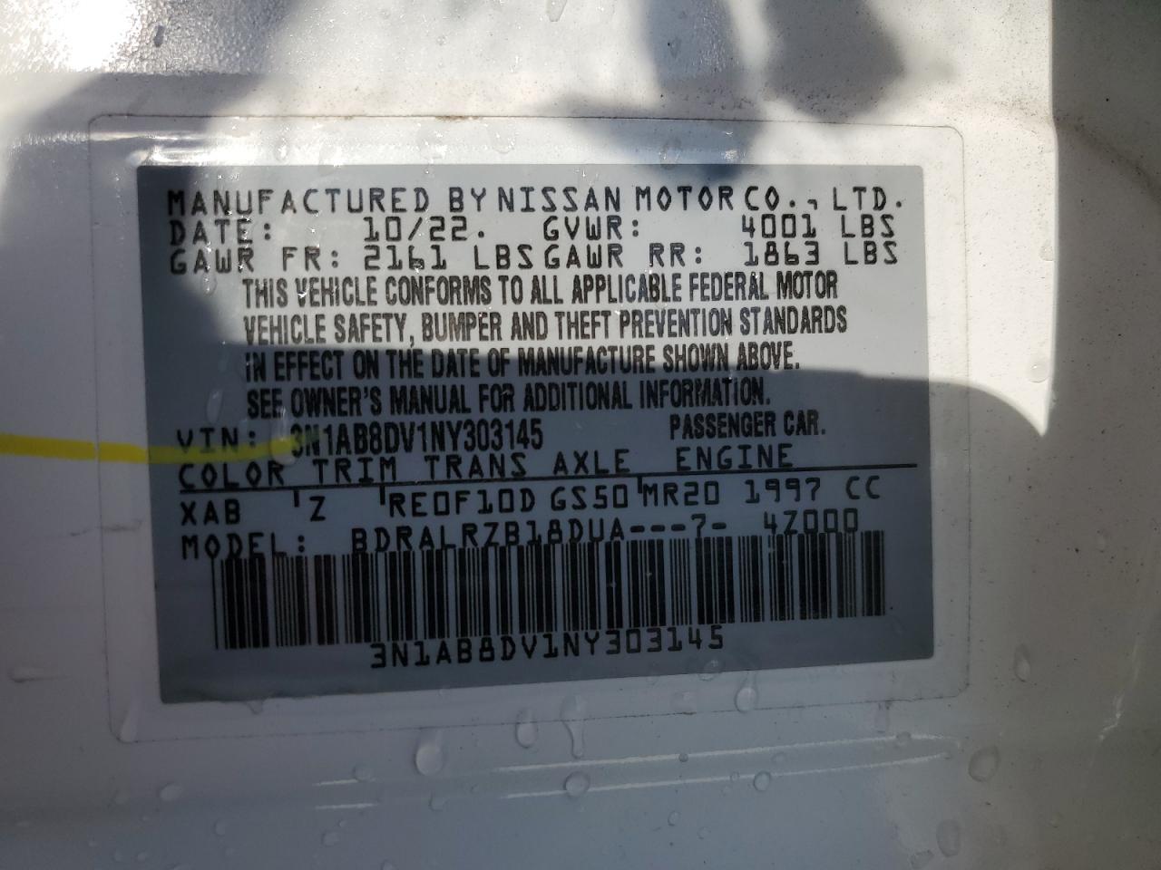 2022 Nissan Sentra Sr VIN: 3N1AB8DV1NY303145 Lot: 71426224