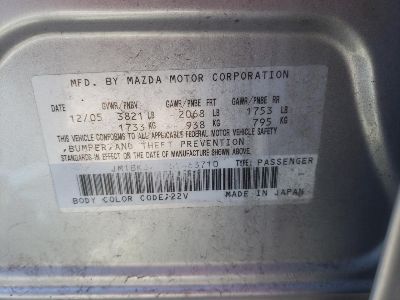 2006 Mazda 3 I VIN: JM1BK32F861463710 Lot: 69837594