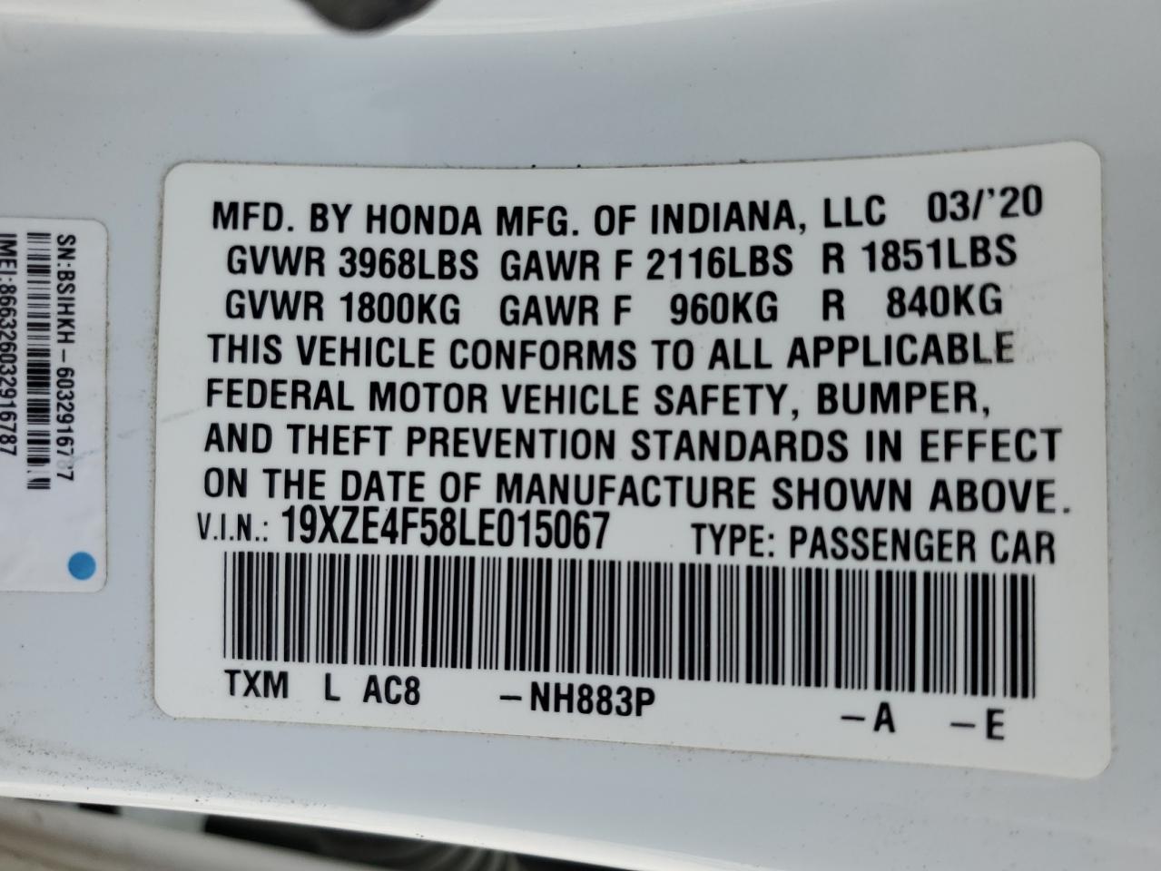 2020 Honda Insight Ex VIN: 19XZE4F58LE015067 Lot: 71426684