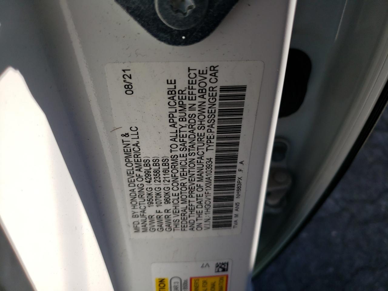 1HGCV1F1XMA103934 2021 Honda Accord Lx