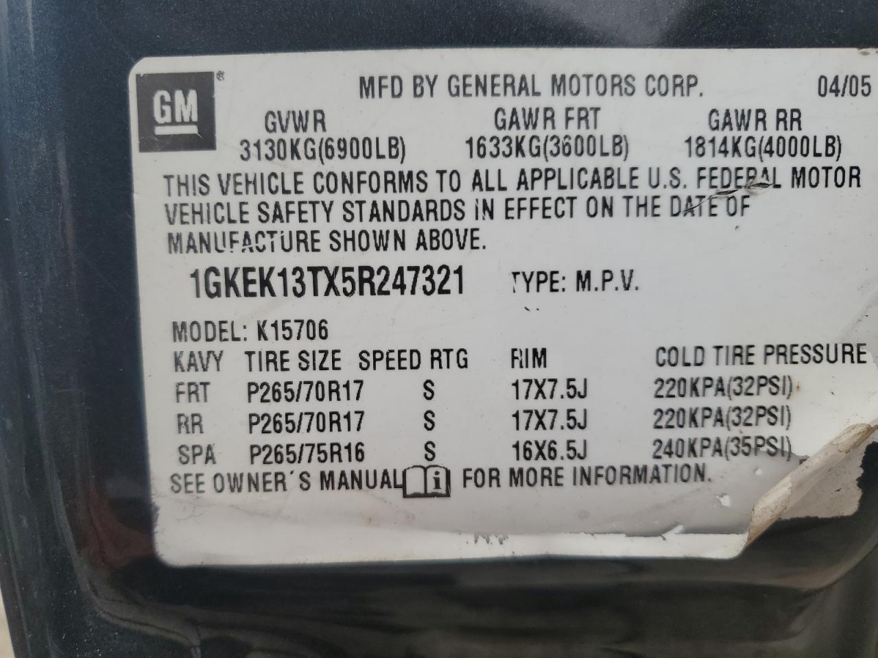 1GKEK13TX5R247321 2005 GMC Yukon